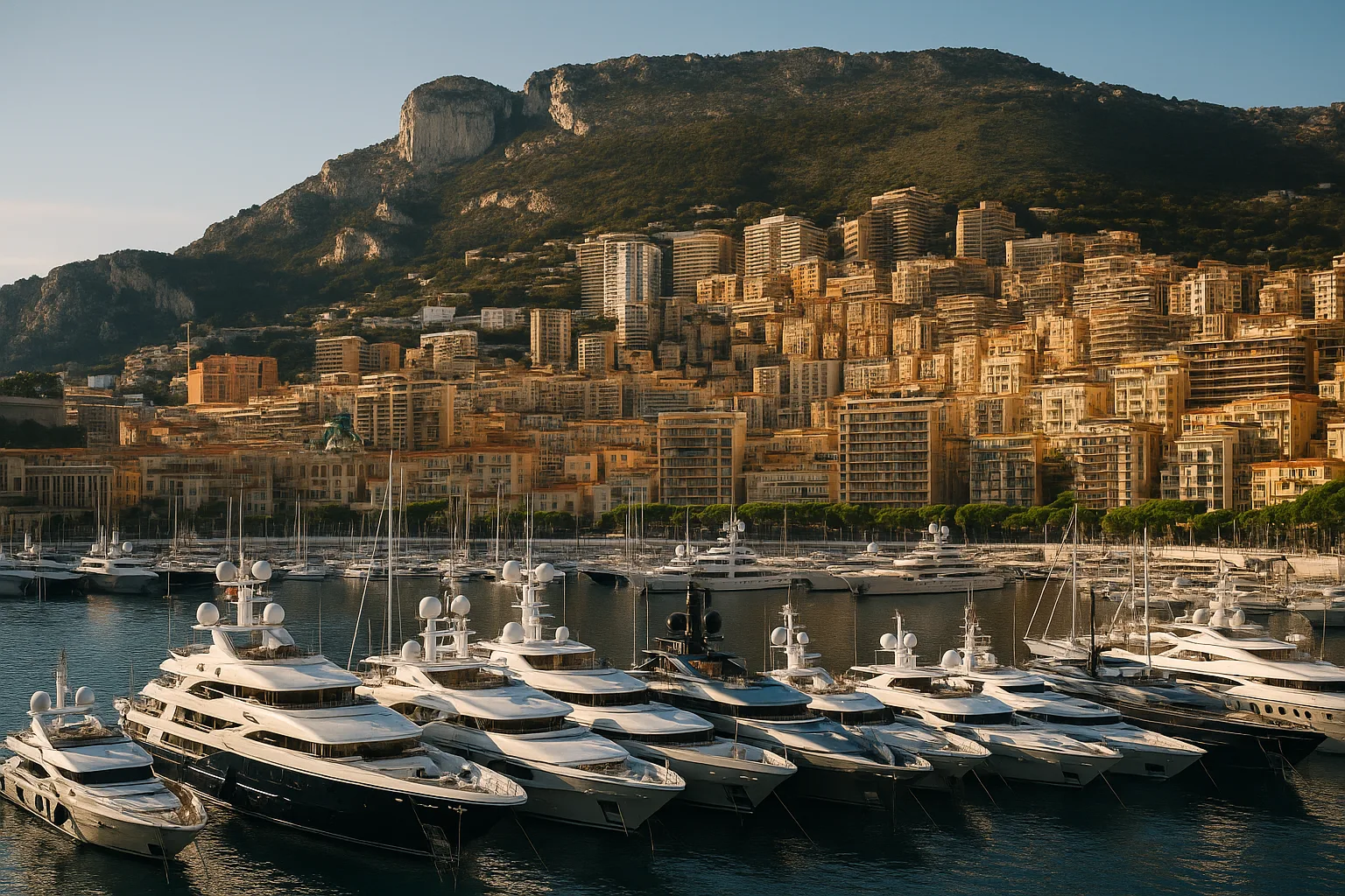 Superyachts berthed in Port Hercule, Monaco
